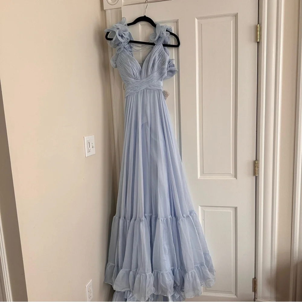 NWT Mac Duggal 67911 Light Blue Ruffle Tiered Cut-Out Chiffon Gown - Picture 3 of 7